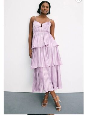 astr the label women's lupin pleated satin dress tiered pleated dress ASTR The Label Lupin Yellow Tiered Maxi Dress